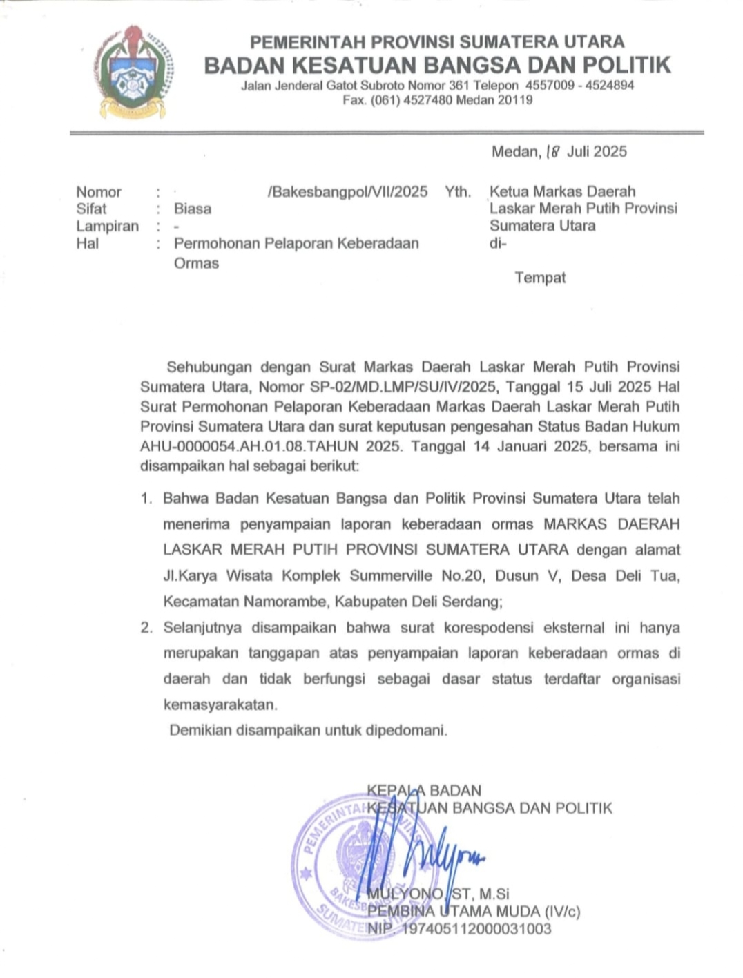 Laskar Merah Putih Sumut di Bawah Komando Rukun Sembiring SE Sah Menjadi Ormas Terdaptar di Kesbangpol